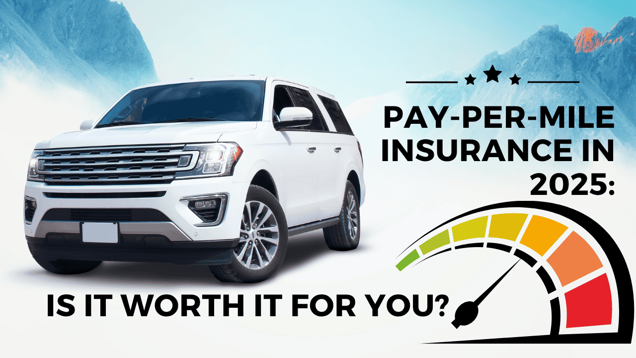 Illustration of pay-per-mile insurance concept with car and odometer